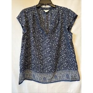 Liz Claiborne Blue Semi Sheer Polyester Blouse V Neck Cap Sleeve Size L Flaw